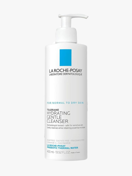 La Roche-Posay Toleriane Hydrating Gentle Face Cleanser white pump bottle of face wash on light gray background
